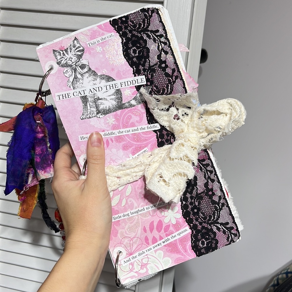 Pink "Hey Diddle Diddle" Junk Journal with Gems and Black Lace Trim